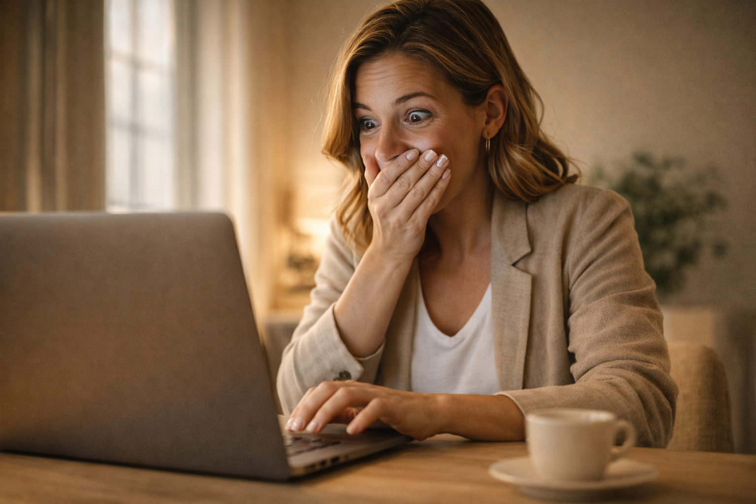 Frau sieht erste Bezahlung auf dem Laptop – erster Auftrag